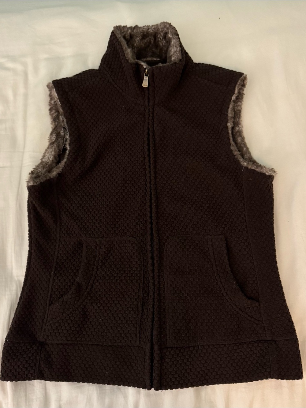 Women's Faux-Fur Trim Quilted Vest - Black